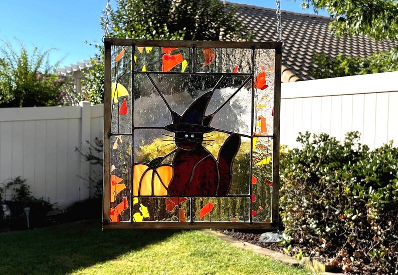 Halloween Stained Glass Window Panel, Black Cat Witch Design - Etsy