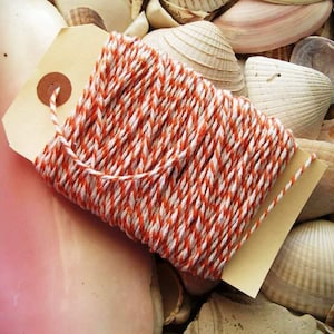 May include: White and orange twine with a brown paper tag. The twine is wound around the tag and is ready to be used for wrapping gifts or crafts.