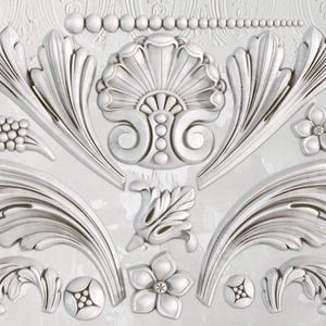 May include: A detailed, white decorative architectural element featuring ornate, symmetrical designs. The design includes stylized leaves, flowers, and a central shell-like motif, with a beaded border at the top. The relief is highly detailed.