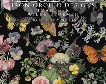 Puede incluir: Fondo negro con flores coloridas, mariposas y un pequeño pájaro amarillo. El texto "IRON ORCHID DESIGNS" y "WILDE BLOEMEN" es visible. La imagen incluye ocho hojas de 20 cm x 30 cm.
