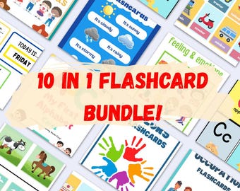 Puede incluir: Un conjunto de tarjetas didácticas coloridas para el aprendizaje temprano. Las tarjetas presentan varios temas, incluyendo el clima, las emociones, las profesiones y el alfabeto. El texto "10 IN 1 FLASHCARD BUNDLE!" se muestra de forma destacada. Tarjetas educativas.