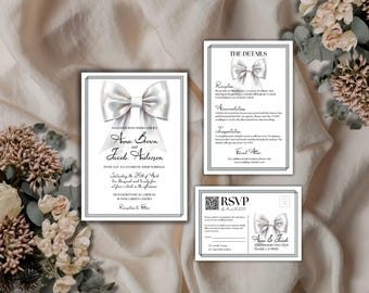 Printable Wedding Templates with Bow | Invitation, Details, and RSVP Card | Elegant Printable Design | Digital Download