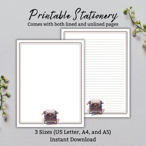 Può includere: Carta da lettere stampabile con pagine a righe e non. Il design presenta un'illustrazione di macchina da scrivere vintage in basso. Disponibile nei formati US Letter, A4 e A5. Download istantaneo.