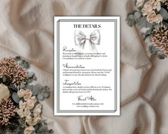 Wedding Details Card Template with Bow | Elegant Printable Design | Digital Download