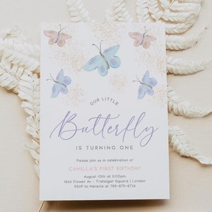 Butterfly First Birthday Invitation Template, Minimalist Butterfly Birthday Digital Template, Editable Invitation Birthday Girl B-676