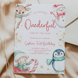 It's the Most Onederful Time Christmas Birthday Invitation, Editable 1st Birthday Invite, Christmas Holiday Digital Invitation CP-6109