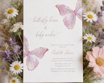 Invitation fille papillon baby shower, bisous papillon et souhaits de bébé modèle d'invitation, téléchargement immédiat, faire-part numérique - B9032