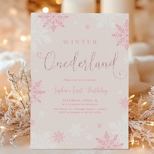 Pink Winter Onederland Birthday Invitation, Editable 1st Snowflake Birthday Template, Christmas Holiday Digital Invitation Snow-001