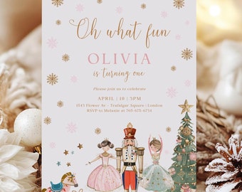 Nutcracker Birthday Invitation, Winter Holiday First Birthday, Editable Template (Digital Download)