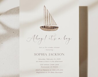 May include: Ahoy! It's a Boy baby shower invitation with a watercolor illustration of a sailboat. The invitation includes the date, time, and location of the shower, as well as the name of the honoree, Sophia Jackson. RSVP information is also included.