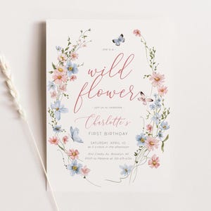 Editable Wildflower 1st Birthday Invitation Template, Wild Butterfly Birthday Girl Digital Invitation, Floral Bloom Birthday Party F-071