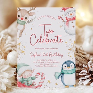 Editable Christmas Birthday Invitation Template, 2nd Birthday Digital Template, Winter Holiday Birthday Invitation CP-6109