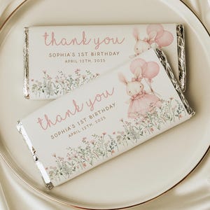 Bunny 1st Birthday Chocolate Bar Wrappers, Girl Favors, Personalized Candy Thank You Note B-0P98