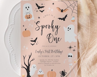 May include: A Halloween-themed invitation with a light peach background. The invitation features illustrations of ghosts, bats, pumpkins, and a spiderweb. The text reads "Emily is a Spooky One" and includes event details.