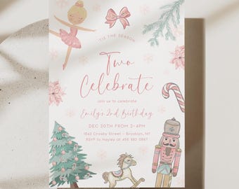 May include: A light pink and white birthday invitation with a ballerina, bow, and Christmas tree illustrations. The text reads "Two Celebrate" and includes event details for Emily's 2nd birthday.