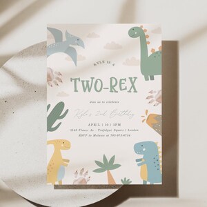 Two-Rex Dinosaur Birthday Invitation Template, Dino Birthday Party Digital Template, Instant Download Dino Birthday Boy D-89T6