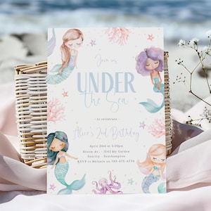 Under The Sea Birthday Girl Invitation, Editable Mermaid Bash Invitation Template, 2nd Birthday Invite Instant Download A-093