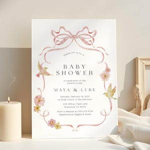 Pink Ribbon Baby Shower Invitation Template, Editable Wildflower Baby Shower Girl Invite, Printable Whimsical Pink Bow Baby Shower F-438D
