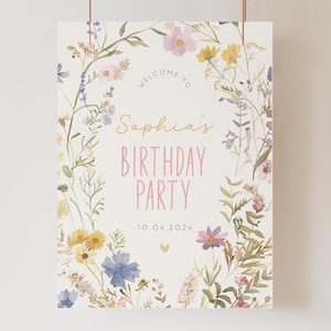 Wildflower Birthday Welcome Sign Template, Editable Birthday Girl Party Template, Spring Birthday Party, Signage Birthday Sign F-000