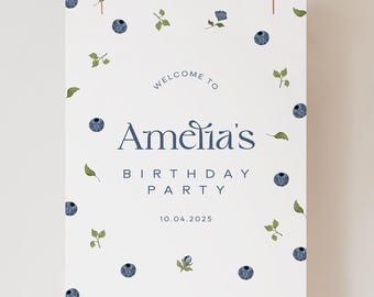 Editable Berry First Birthday Welcome Sign, Blueberry Party (Digital Download)