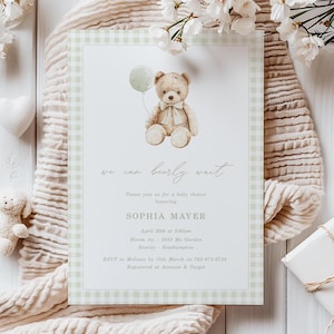 Modello di invito per baby shower Bearly Wait Teddy Bear, invito per baby shower stampabile a quadretti verdi, download immediato - T-908E