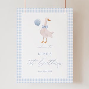 One Silly Goose Birthday Boy Welcome Sign Template, Printable First Birthday Goose Sign, Blue Gingham Birthday Digital Template - G-0P4