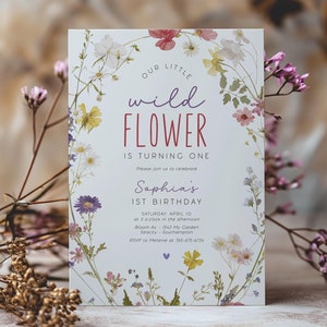Editable Wildflower Birthday Invitation Template, First Birthday Girl Digital Template, Floral Bloom Birthday Party F-00I8