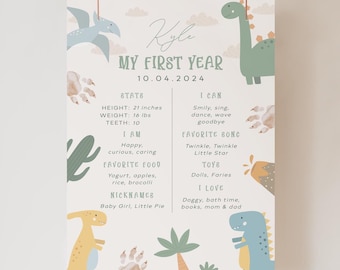 May include: A personalised first-year milestone poster with a dinosaur theme. The poster includes the child's name, date, height (53 cm), weight (7.3 kg), and favourite things. The design features pastel colours and dinosaur illustrations.