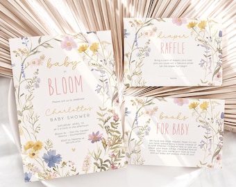May include: Baby shower invitation set with floral design. The invitation reads "Baby in Bloom" and includes details for the event. Additional cards include "Diaper Raffle" and "Books for Baby" with floral borders. The color palette includes soft pinks, yellows, and blues.