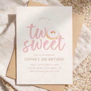 Two Sweet Birthday Invitation Template, Donut 2nd Birthday Digital Invite, Instant Download C0112