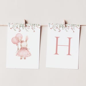 Bunny HAPPY BIRTHDAY Banner Template, Wildflower Easter Bunny Birthday Girl Bunting, Printable Birthday Banner - B-0P98