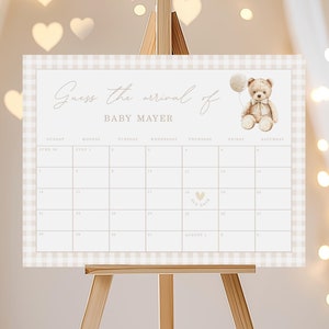 Plantilla para baby shower con osito de peluche con fecha de parto en género neutro, letrero para adivinar la fecha de parto, osito de peluche de cuadros vichy B-908A