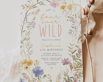 Sjabloon Four Ever Wild 4e verjaardag, Wildflower-ontwerp digitale download F-000
