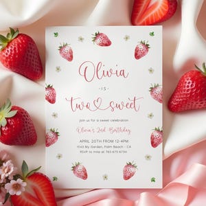 Strawberry Two Sweet Birthday Invitation Template, Editable Berry 2nd Birthday Girl Digital Invitation, Strawberry Birthday Party B-7400