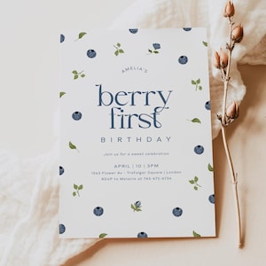 Editable Berry First Birthday Invitation Template, Berry First Birthday Girl Digital Invitation, Blueberry Birthday Party B-7300