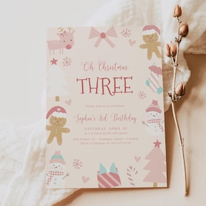 Oh Christmas Three Birthday Invitation Template, 3rd Birthday Digital Template, Winter Holiday Birthday Girl Invite CP-7176