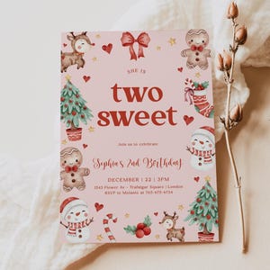 Two Sweet Christmas Birthday Invitation Template, 2nd Birthday Digital Template, Winter Holiday Birthday Girl Invite CP-7803