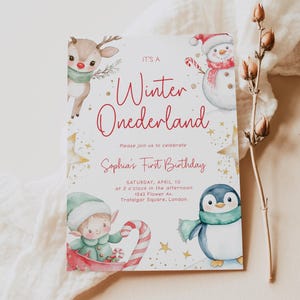 Winter ONEderland Christmas Birthday Invitation Template, Editable 1st Birthday Invite, Christmas Holiday Digital Invitation CP-6109