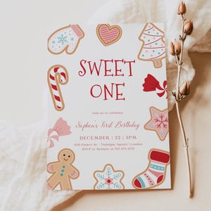 Sweet One Christmas Birthday Invitation Template, 1st Birthday Digital Template, Winter Holiday Birthday Girl Invitation CP-0098