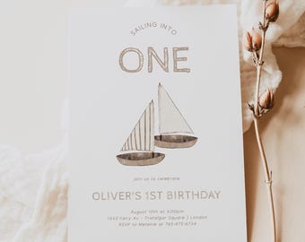 Nautical 1st Birthday Invitation Template, Sailing Boat Invite (Digital Download)