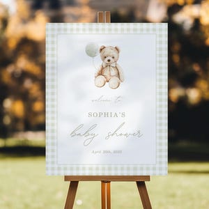 Modello di cartello di benvenuto per baby shower a quadretti con orsetto, verde, "Non possiamo aspettare a lungo", cartello stampabile per baby shower per maschietto - T-908E