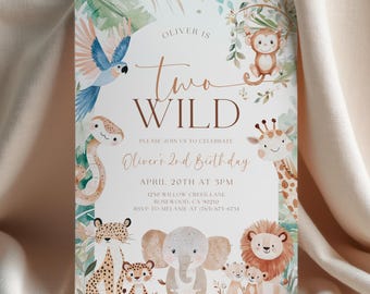 Two Wild Birthday Invitation Template, Safari Animals Birthday Boy Invite, Printable Jungle 2nd Birthday Party, Editable Template J-0981
