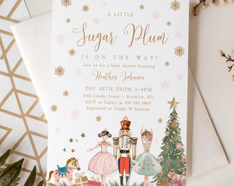 Sugar Plum Baby Shower Christmas Invitation Template, Winter Nutcracker Editable Instant Download Invite N-2018