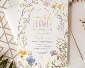 Wildflower 1st Birthday Invitation Template, Wild One Design Digital File F-000