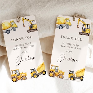 Construction Truck Birthday Boy Thank You Tag Template, Dump Truck Birthday Party Editable Favor Thank You Note Instant Download - T-863