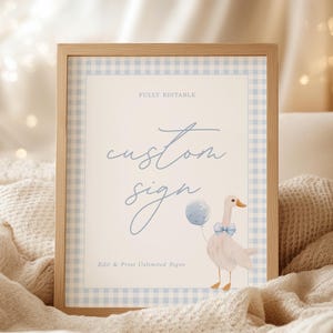 One Silly Goose Birthday Boy Custom Sign Template, Printable Baby Shower Goose Table Sign, Blue Gingham Instant Download - G-0P4
