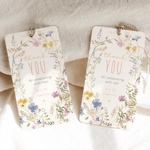 Editable Wildflower Birthday Favor Tag Template, First Birthday Girl Thank You Tag, Daisy Flower Birthday Party on Etsy - Image 1