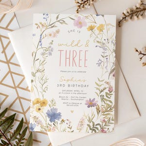 Wild and Three 3rd Birthday Invitation Template, Wildflower Design Digital Download F-000