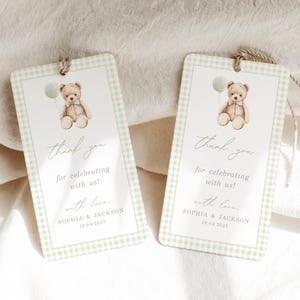 Gingham Teddy Bear Baby Shower Thank You Tag, Green Bearly Wait Baby Shower Boy Favor Tag Digital Download Gift Tag Template T-908E