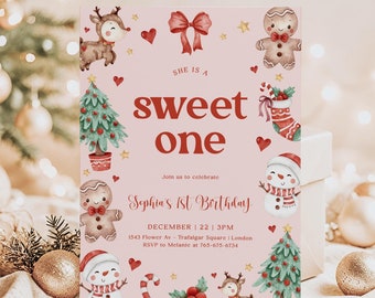 May include: A pink Christmas-themed first birthday invitation with a red bow, a gingerbread man, a snowman, a reindeer, and a Christmas tree. The text reads "She is a sweet one" and "Sophia's 1st Birthday".